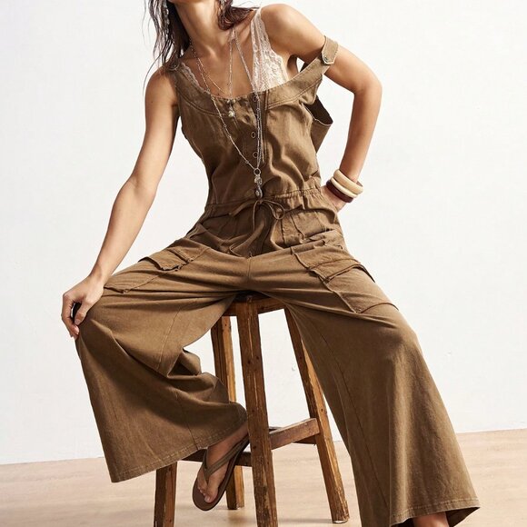 Khaki Casual Boho Women's Loose Washed Jumpsuit